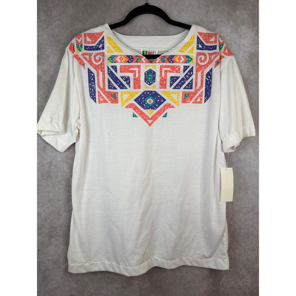 NWT VTG 90s BOLD SPIRIT Women's Geometric Print White Tee Size Med Single Stitch
